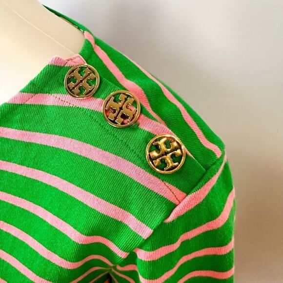 TORY BURCH Green Pink Gold Diver Striped Long Sleeve Top Size M - Picture 3 of 7